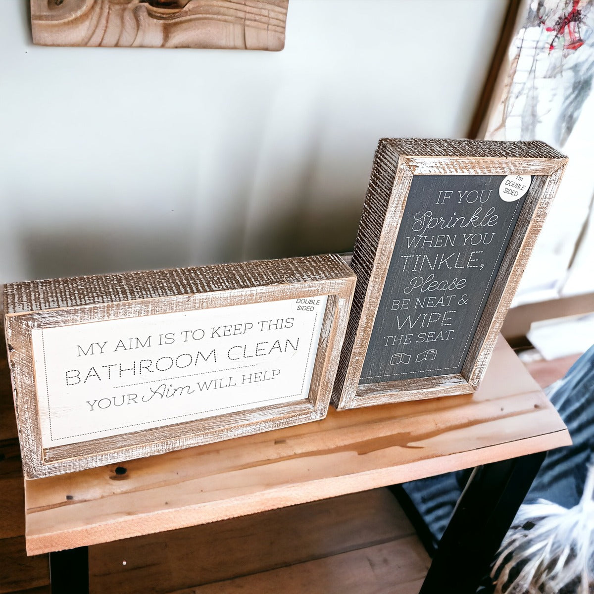 Funny Double Sided Wooden Bathroom Sign Aim Sprinkle Tinkle Freestanding Frame Wall Decor