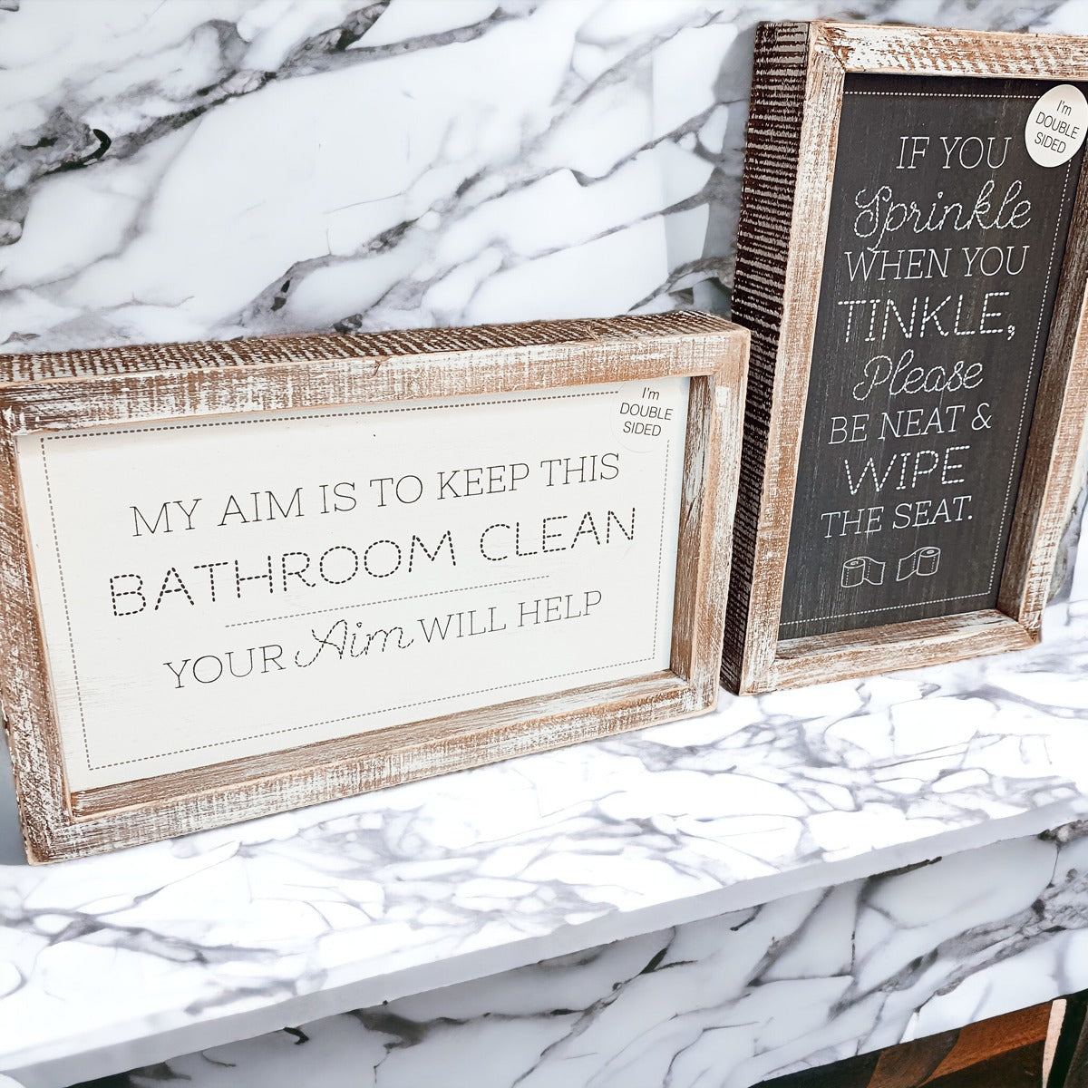 Funny Double Sided Wooden Bathroom Sign Aim Sprinkle Tinkle Freestanding Frame Wall Decor