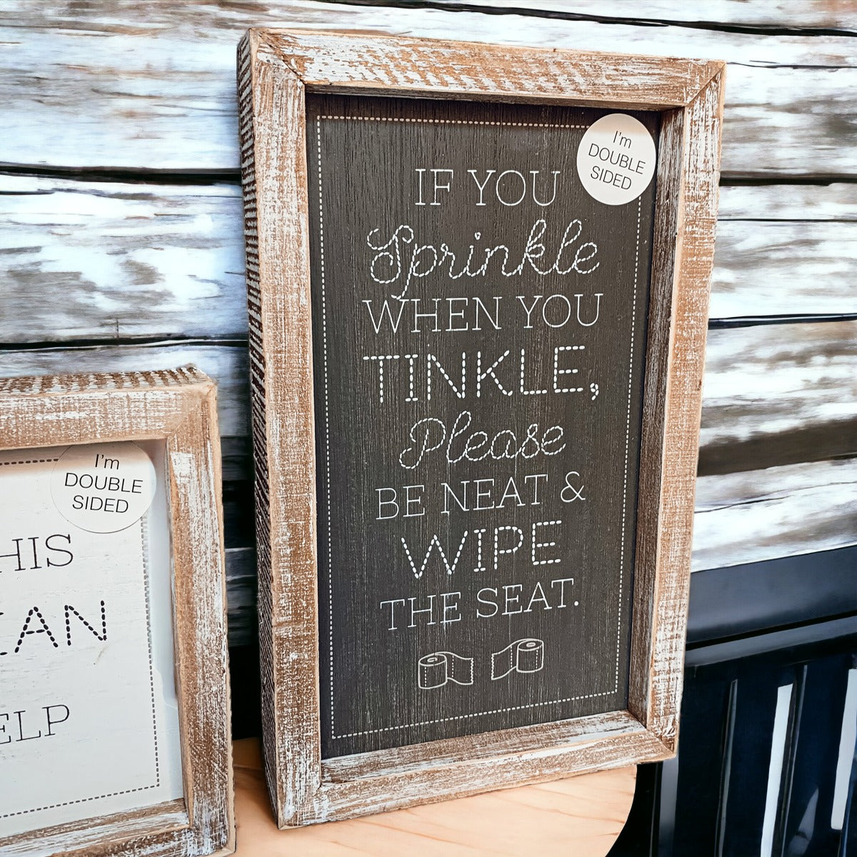 Funny Double Sided Wooden Bathroom Sign Aim Sprinkle Tinkle Freestanding Frame Wall Decor