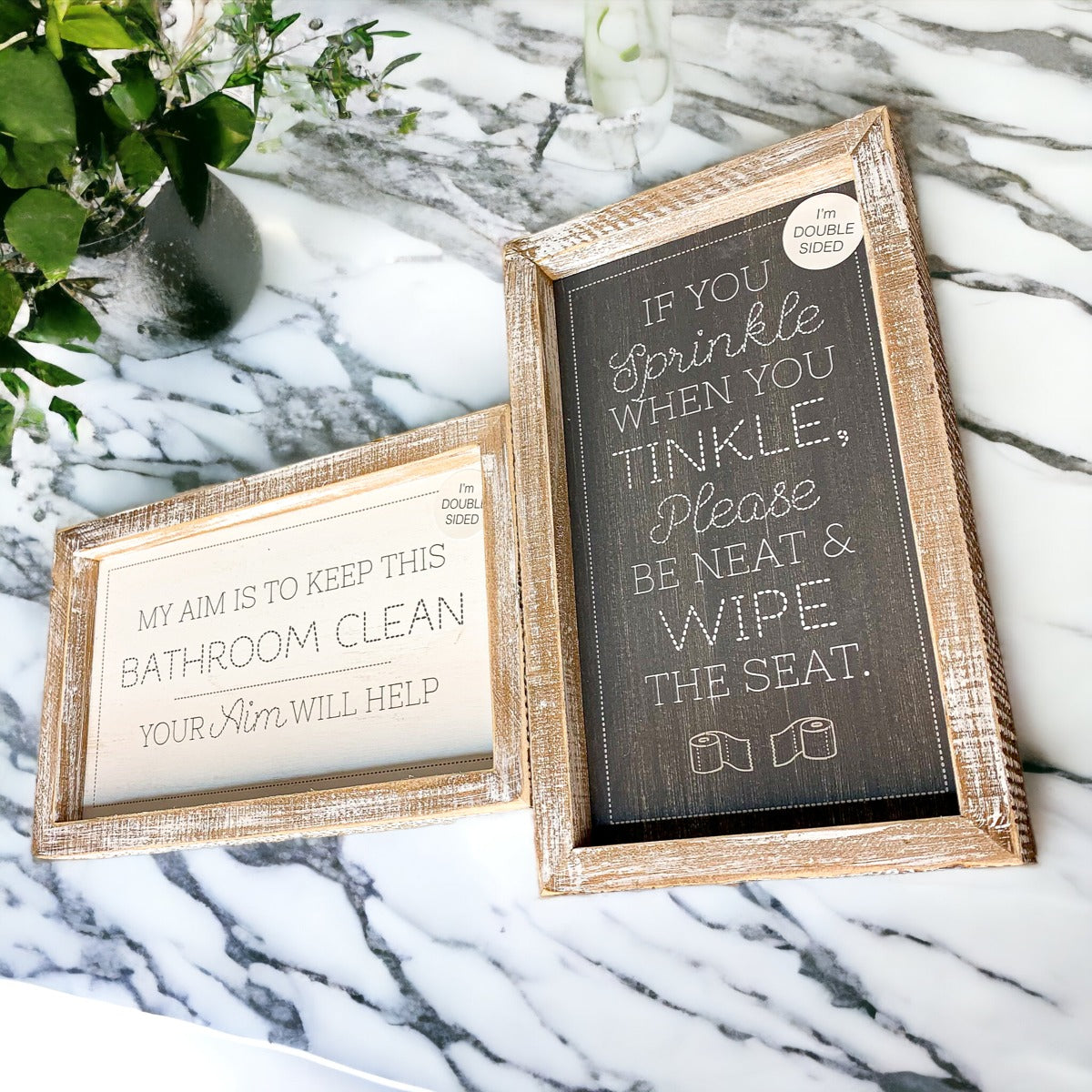 Funny Double Sided Wooden Bathroom Sign Aim Sprinkle Tinkle Freestanding Frame Wall Decor