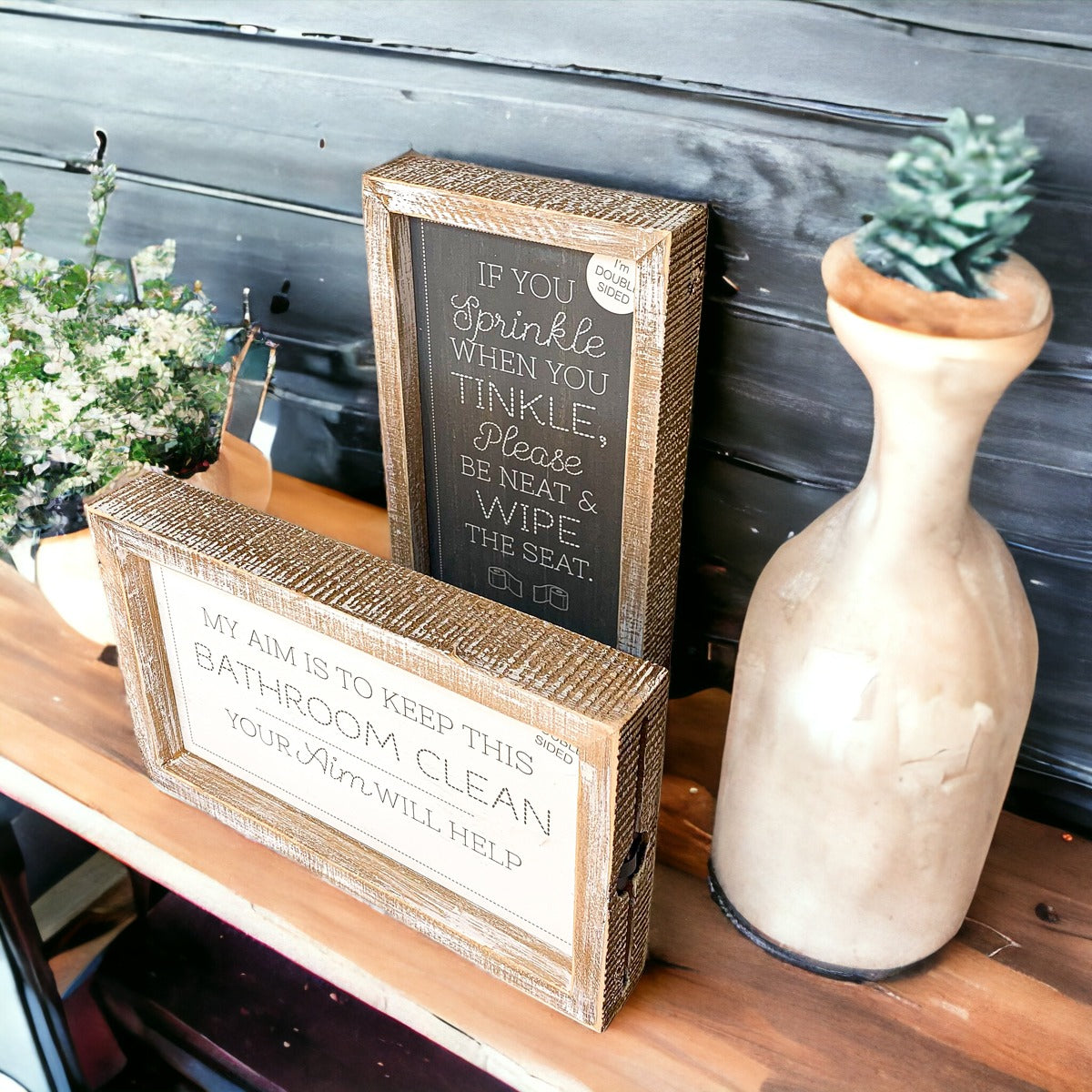 Funny Double Sided Wooden Bathroom Sign Aim Sprinkle Tinkle Freestanding Frame Wall Decor