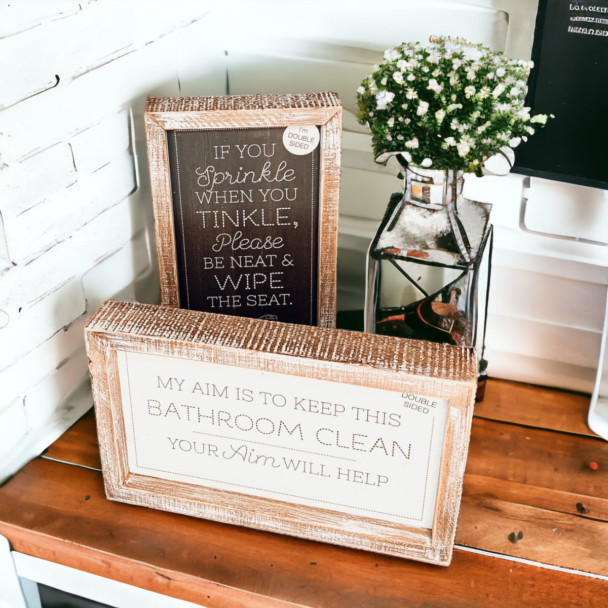Funny Double Sided Wooden Bathroom Sign Aim Sprinkle Tinkle Freestanding Frame Wall Decor