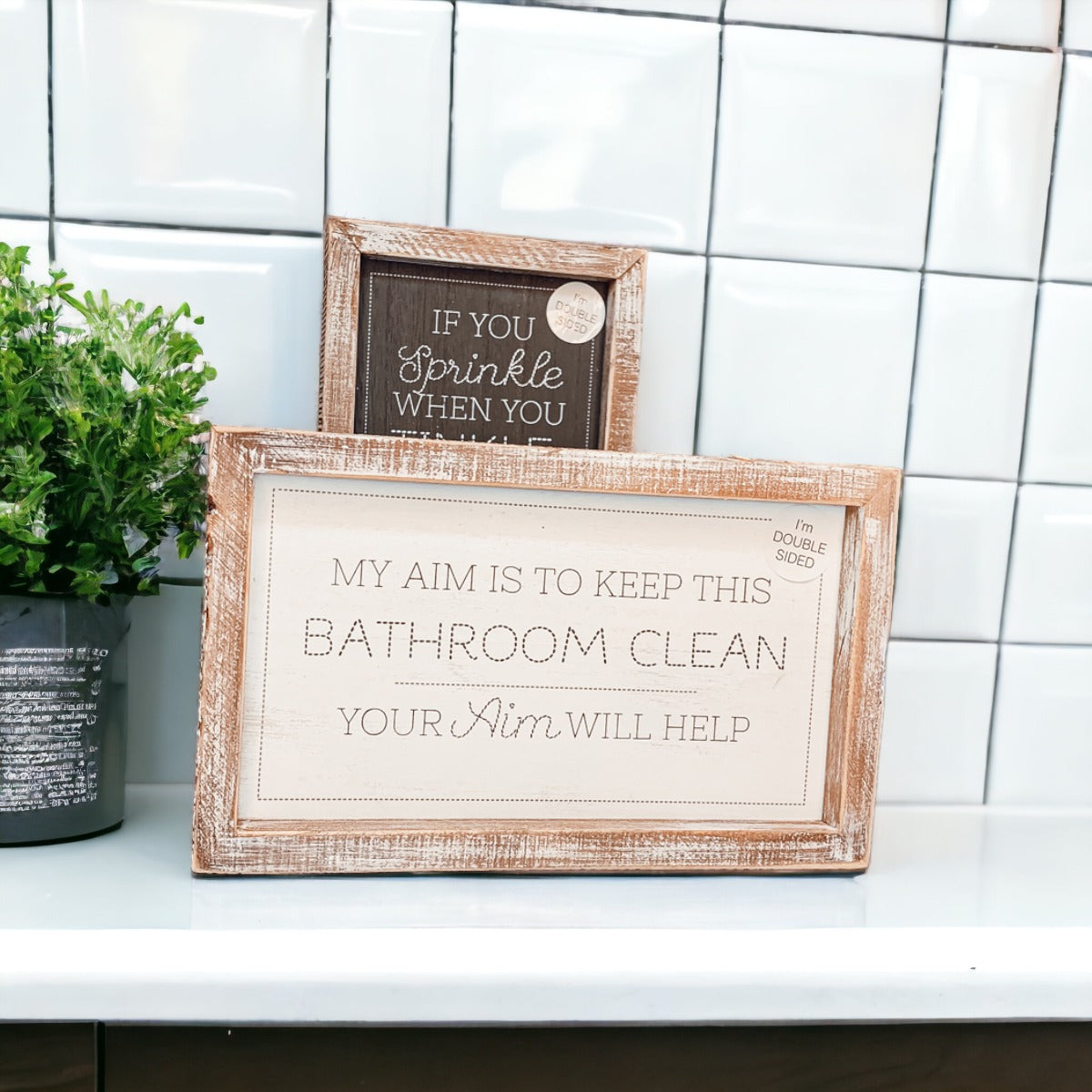 Funny Double Sided Wooden Bathroom Sign Aim Sprinkle Tinkle Freestanding Frame Wall Decor