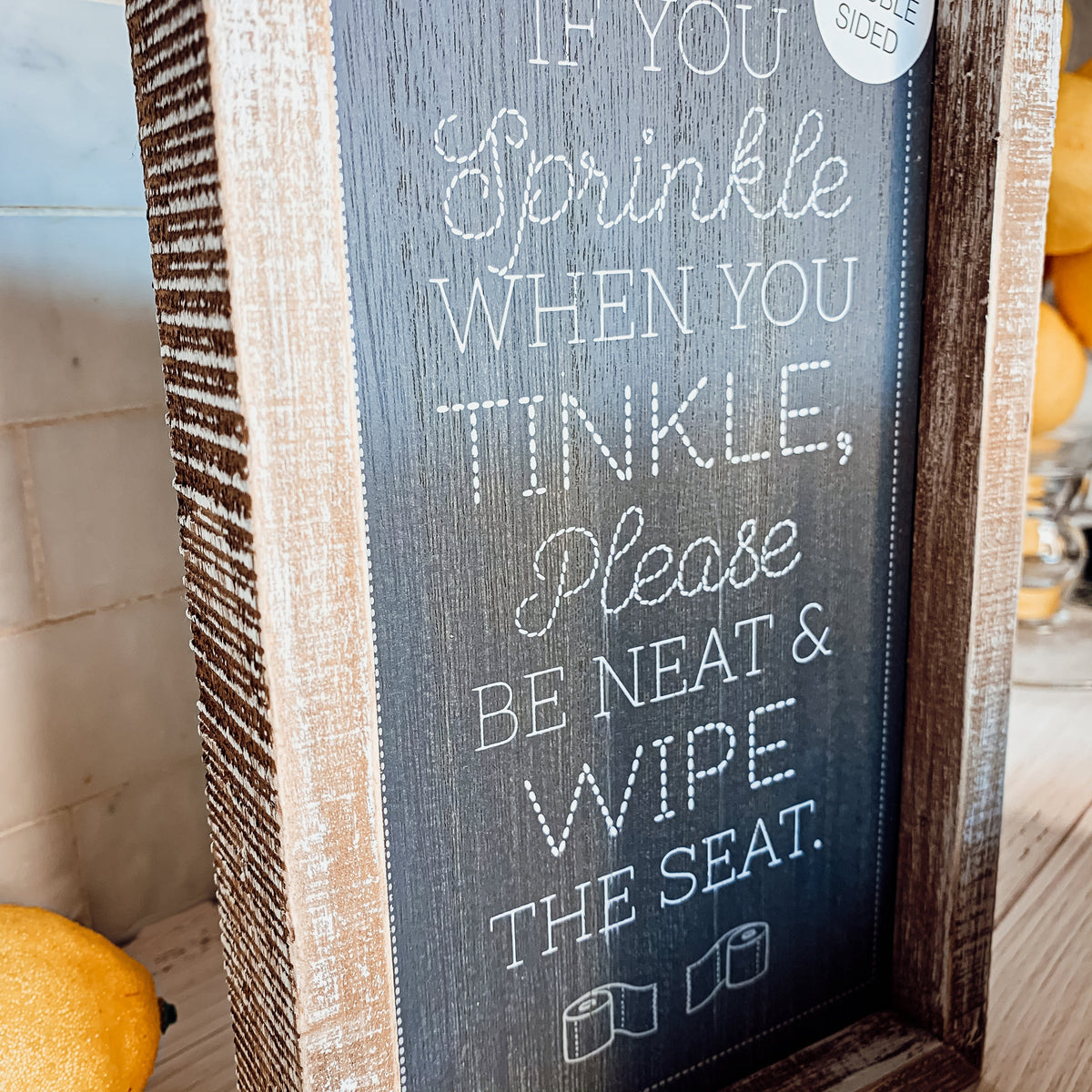 Funny Double Sided Wooden Bathroom Sign Aim Sprinkle Tinkle Freestanding Frame Wall Decor