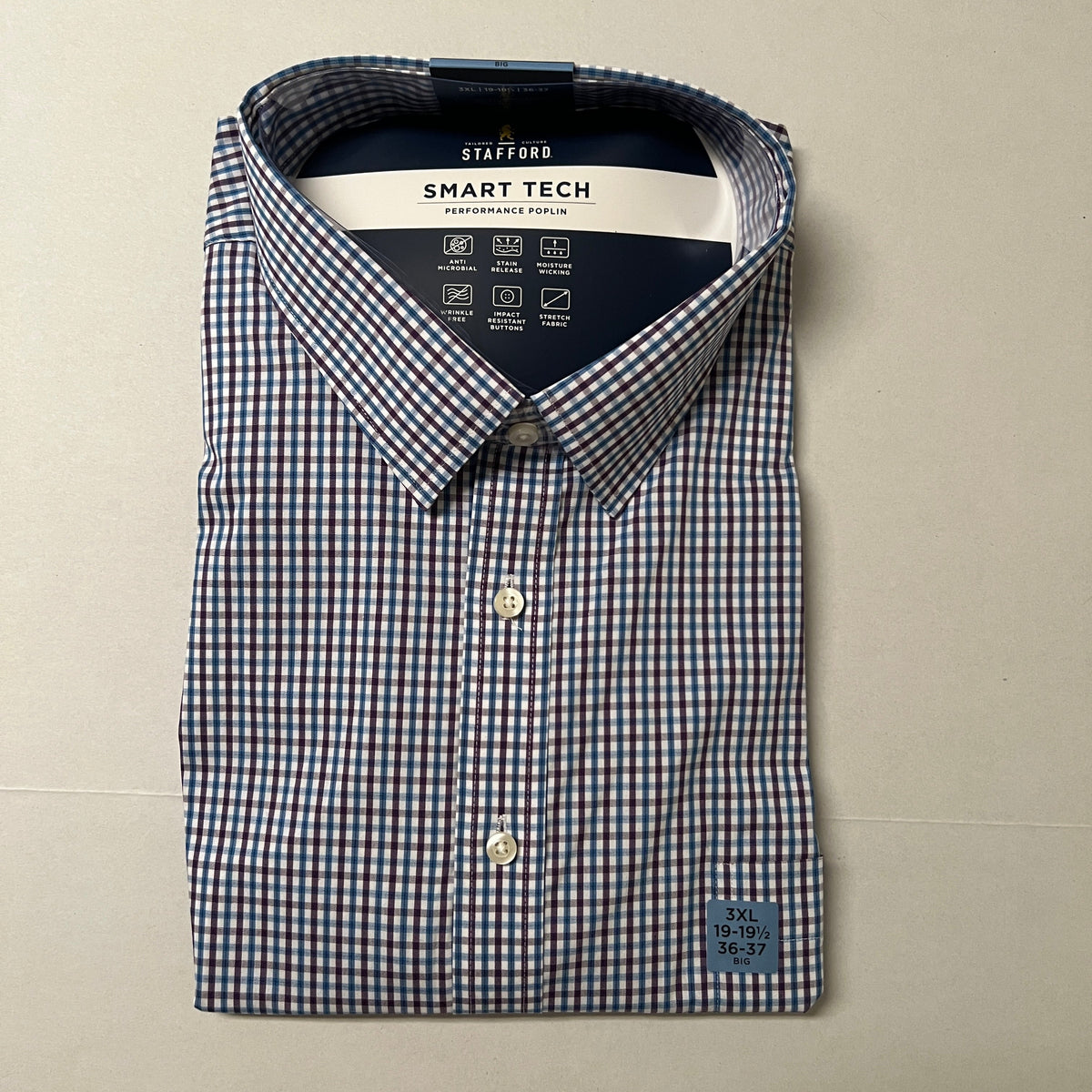 STAFFORD Men's Plum Checked Smart Tech Performance Poplin