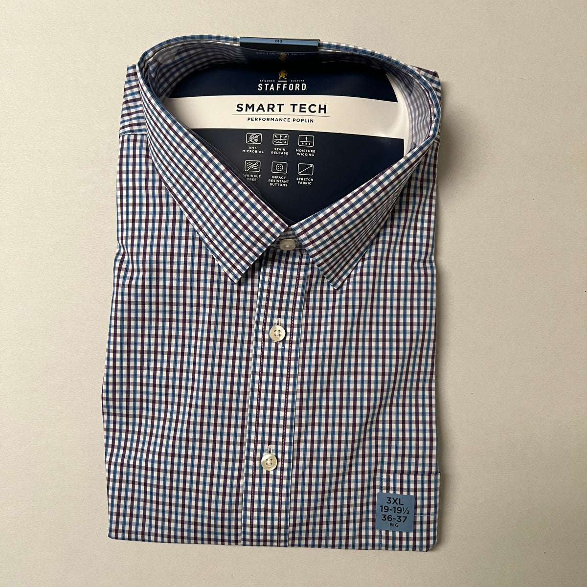 STAFFORD Men's Plum Checked Smart Tech Performance Poplin