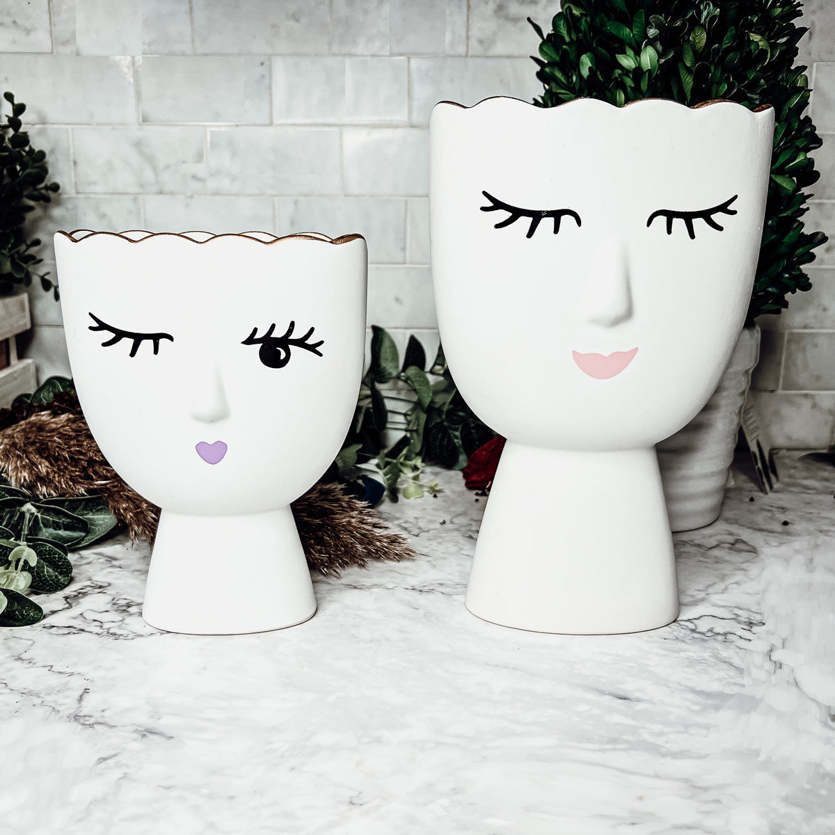 Coquette Porcelain Vases Set Of 2 Wink And Smile Ceramic Vases With Gold Trim Slim Vanity Decor