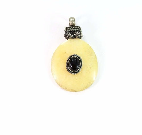 Oval Bone Stone Tribal Pendant Necklace With Turquoise