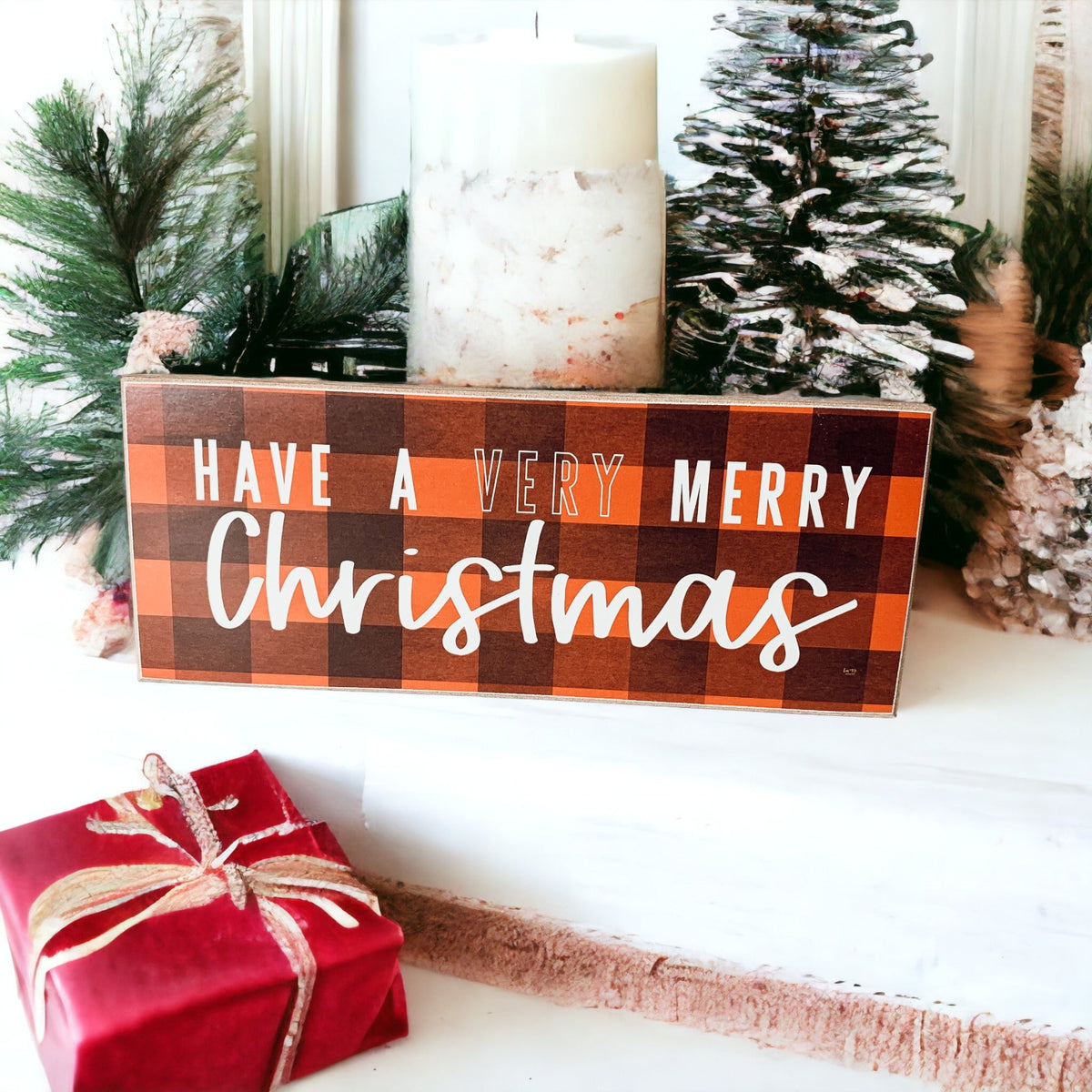 Red Buffalo Check Christmas Sign - Farmhouse Holiday Wooden Wall Decor