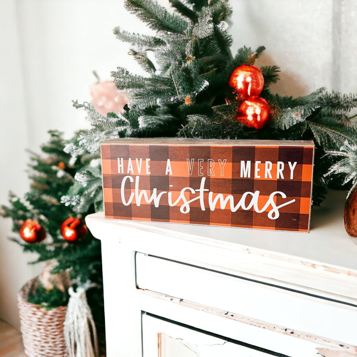 Red Buffalo Check Christmas Sign - Farmhouse Holiday Wooden Wall Decor