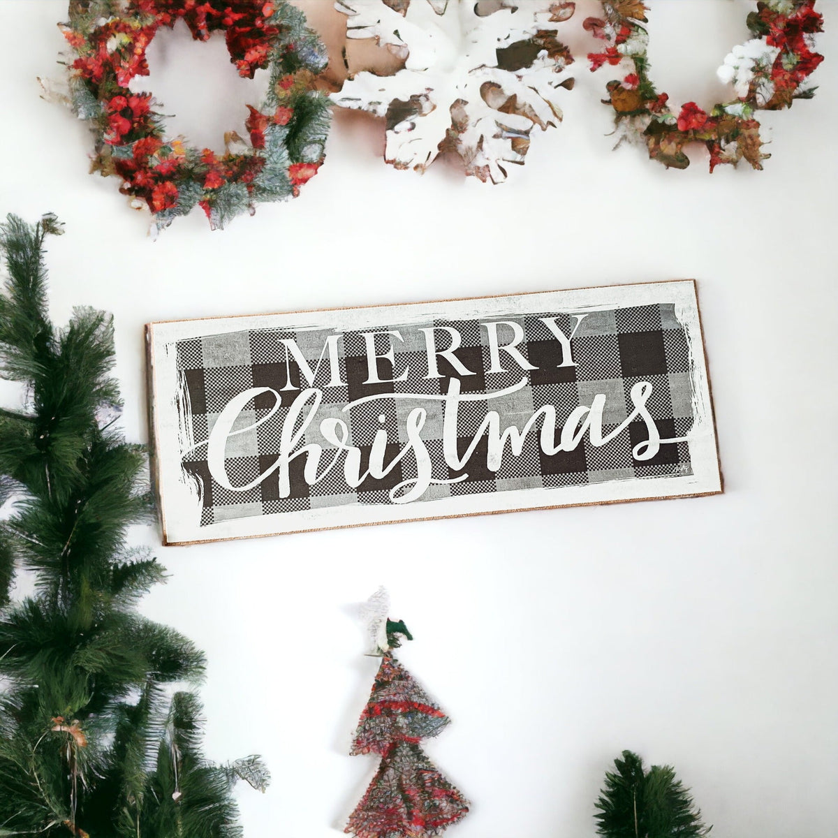 Buffalo Check Christmas Wood Sign 10x4 Tabletop Shelf Mantel Decor