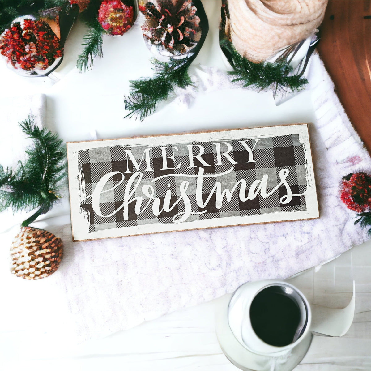 Buffalo Check Christmas Wood Sign 10x4 Tabletop Shelf Mantel Decor
