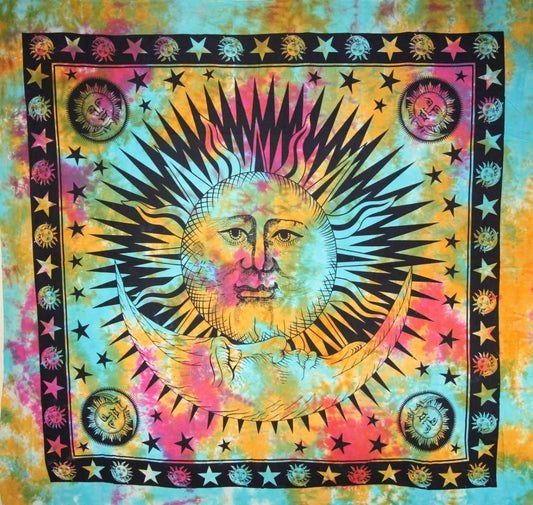 Sun And Crescent Moon Tie Dye Tapestry Wall Hanging