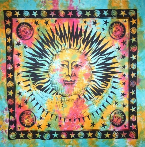 Sun And Crescent Moon Tie Dye Tapestry Wall Hanging