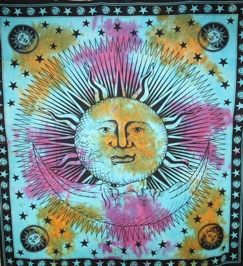 Sun And Crescent Moon Tie Dye Tapestry Wall Hanging