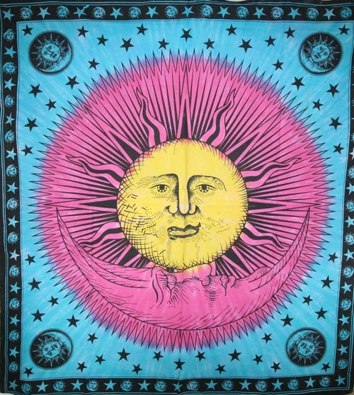 Sun And Crescent Moon Tie Dye Tapestry Wall Hanging