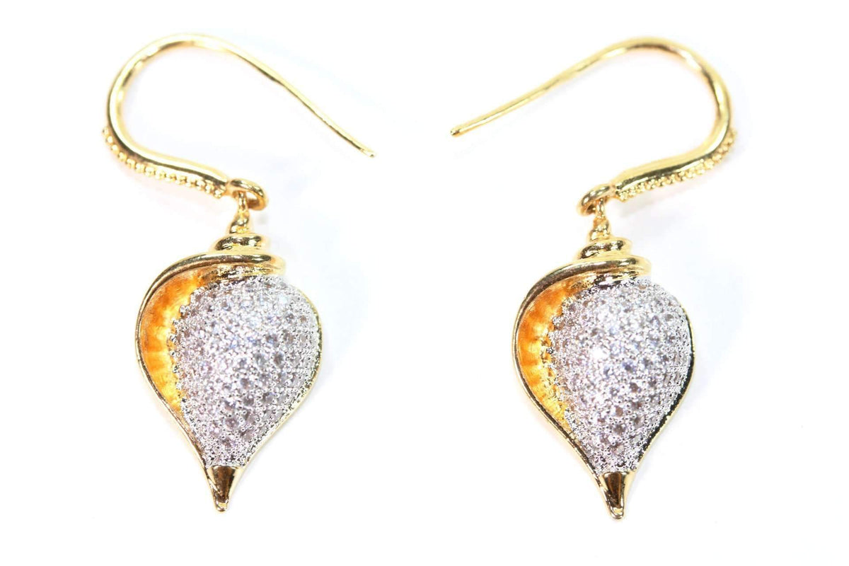 Conch Shell CZ Pave Gold Tone Dangle Earrings 1.25 Inch