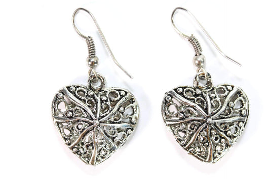 Filigree Heart Drop Earrings 3D Double Sided 1.25 Inch