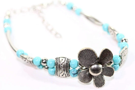 Turquoise Silver Petal Flower Bracelet With Extender