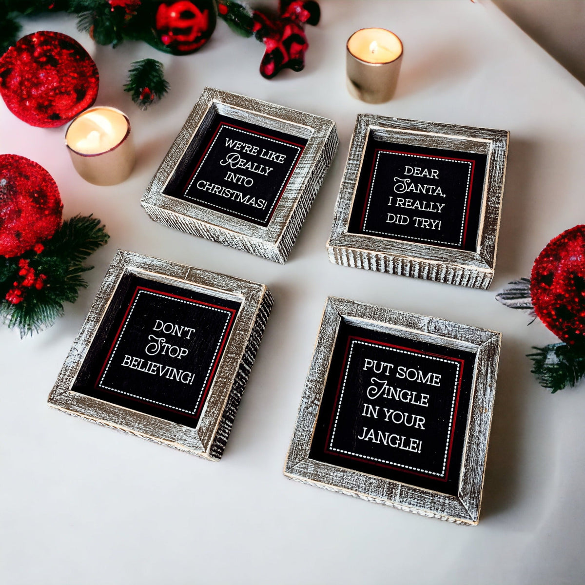 Black Chalkboard Style Wooden Christmas Sign Rustic Framed Holiday Wall Decor Set Of 4