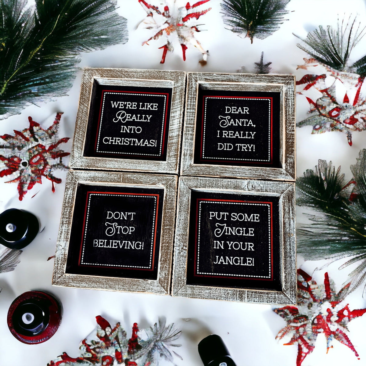 Black Chalkboard Style Wooden Christmas Sign Rustic Framed Holiday Wall Decor Set Of 4