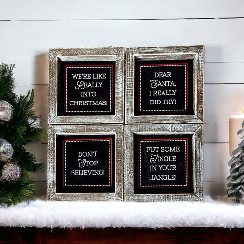 Black Chalkboard Style Wooden Christmas Sign Rustic Framed Holiday Wall Decor Set Of 4