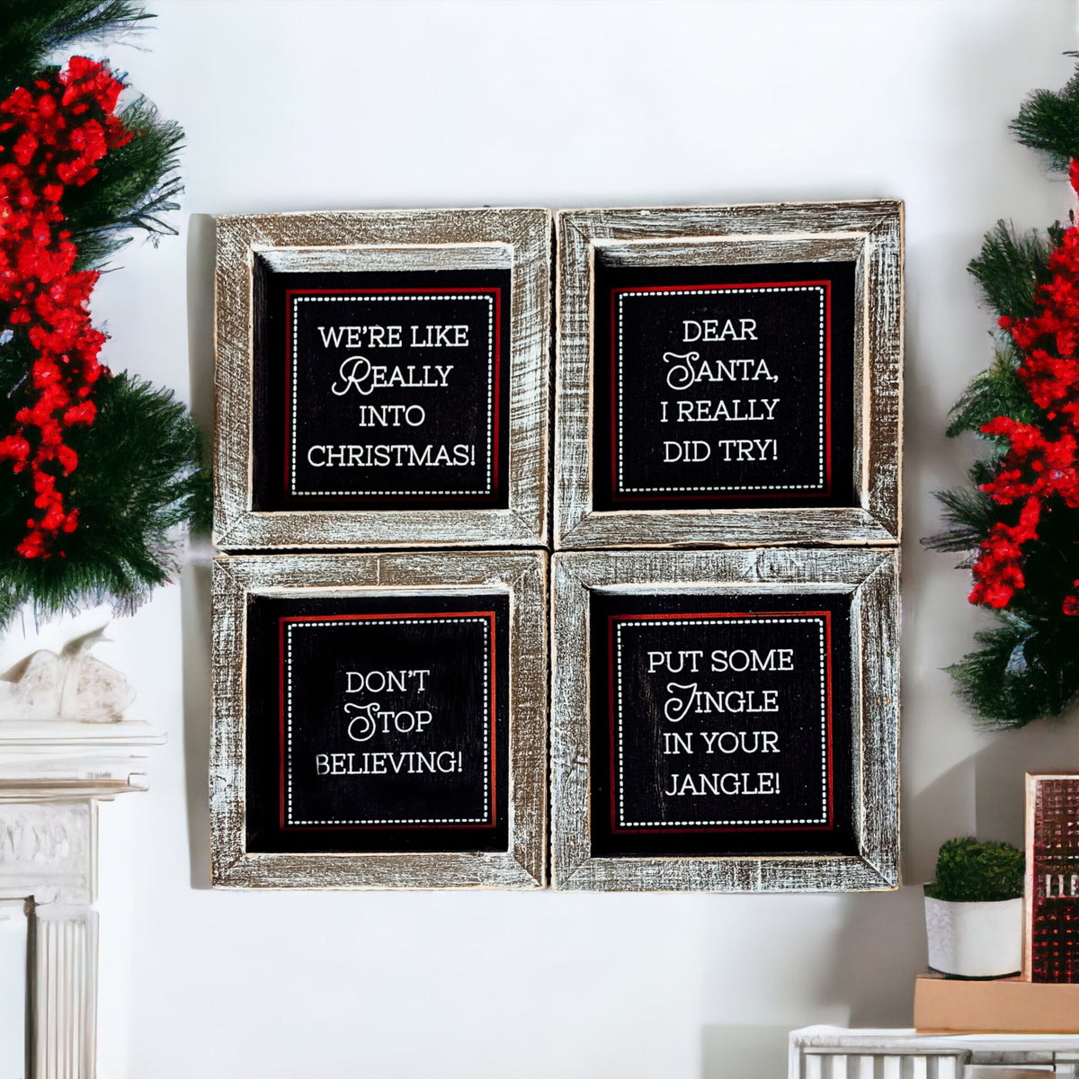 Black Chalkboard Style Wooden Christmas Sign Rustic Framed Holiday Wall Decor Set Of 4