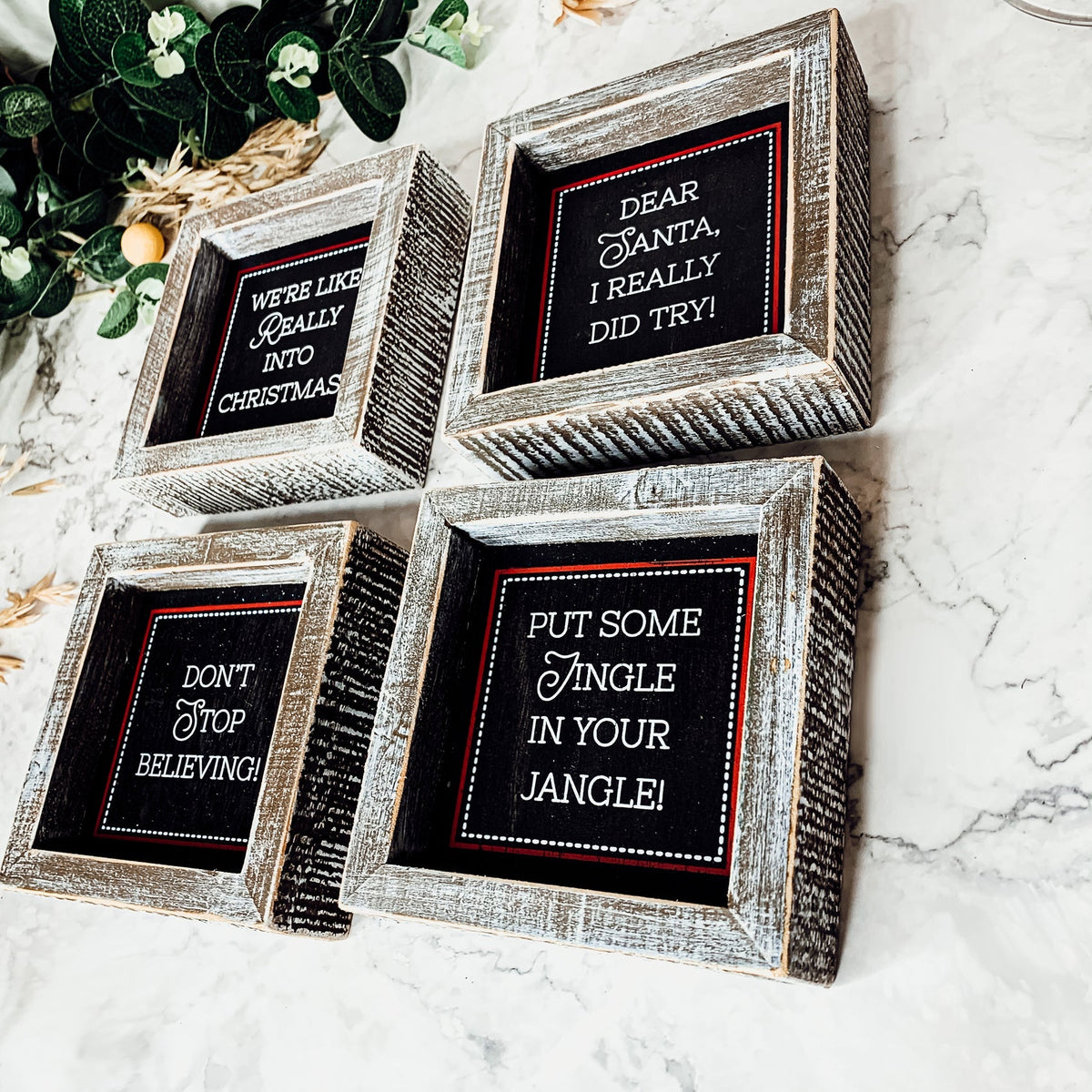 Black Chalkboard Style Wooden Christmas Sign Rustic Framed Holiday Wall Decor Set Of 4
