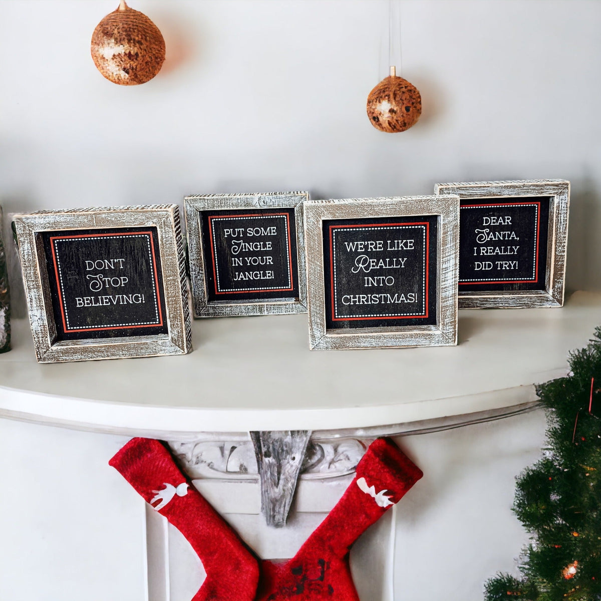 Black Chalkboard Style Wooden Christmas Sign Rustic Framed Holiday Wall Decor Set Of 4