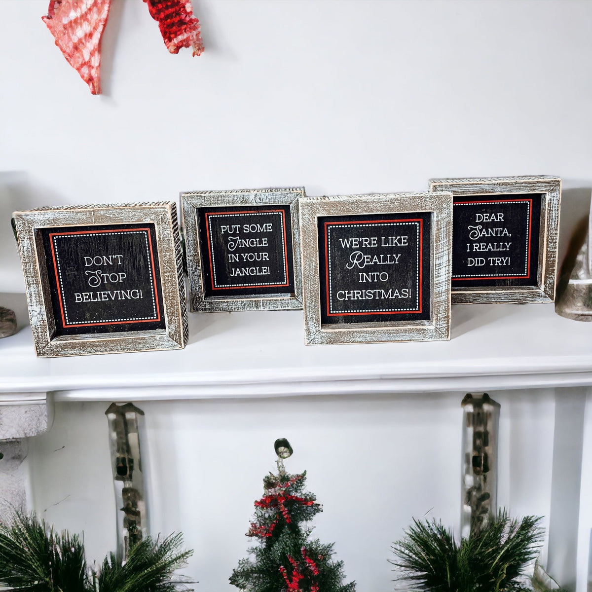 Black Chalkboard Style Wooden Christmas Sign Rustic Framed Holiday Wall Decor Set Of 4