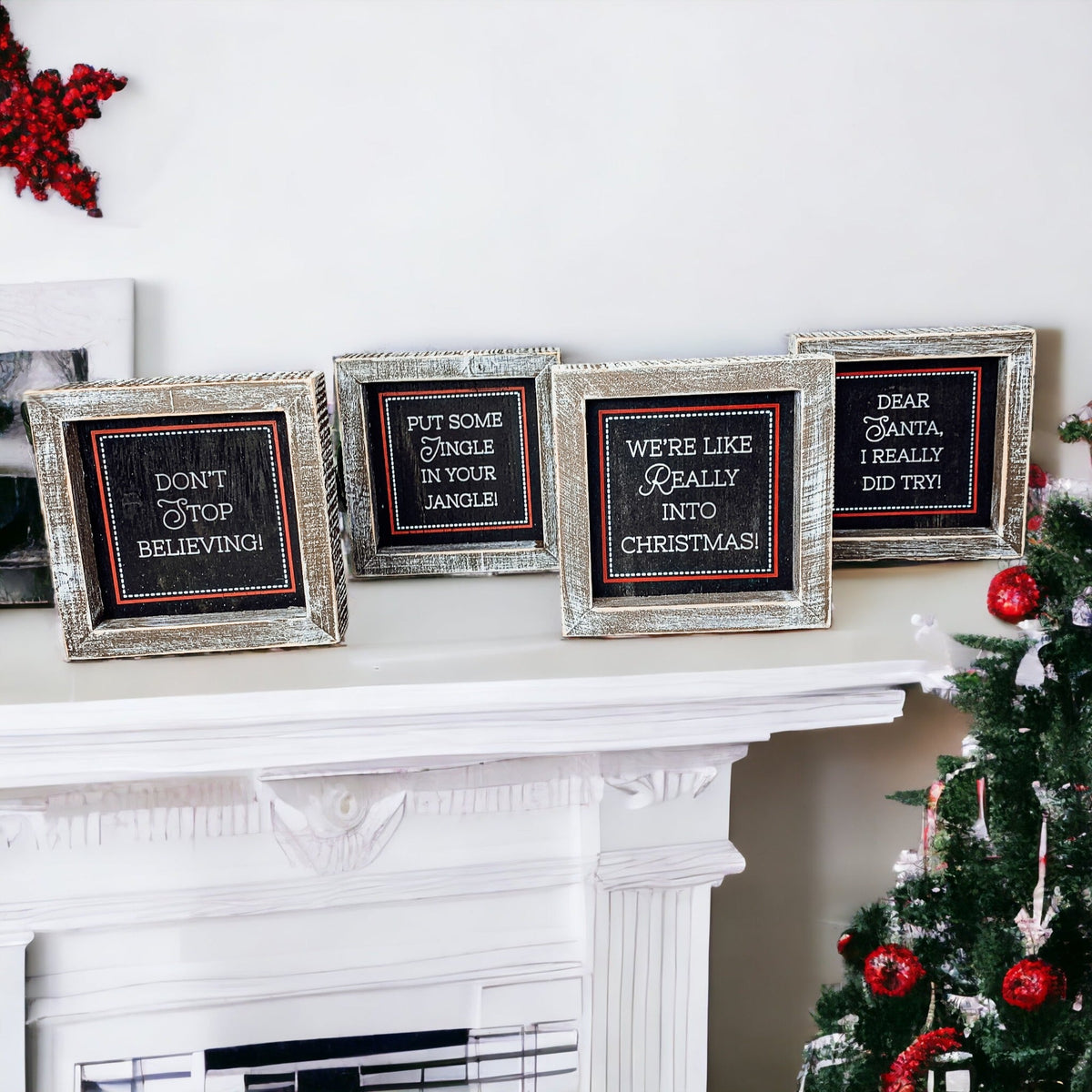 Black Chalkboard Style Wooden Christmas Sign Rustic Framed Holiday Wall Decor Set Of 4