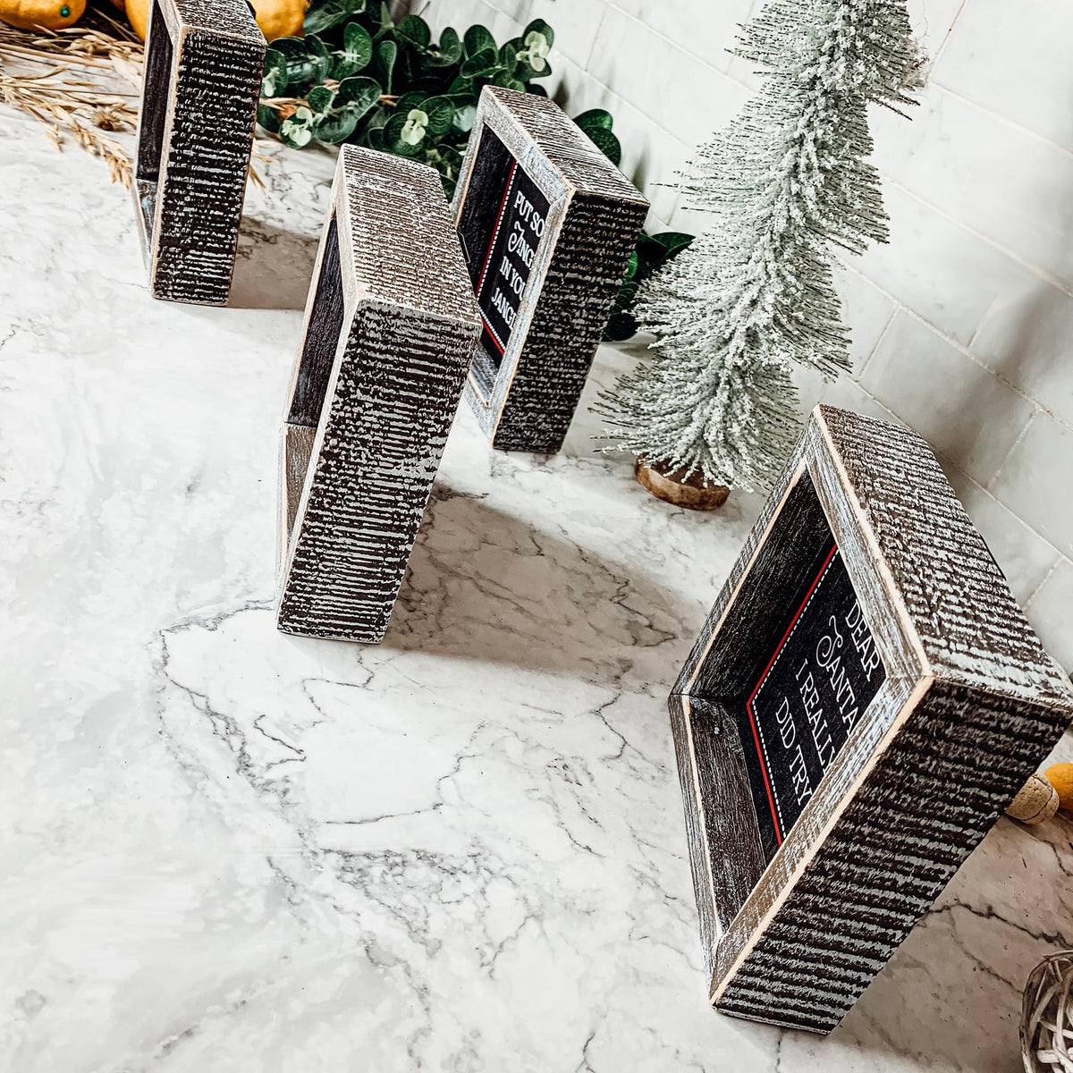 Black Chalkboard Style Wooden Christmas Sign Rustic Framed Holiday Wall Decor Set Of 4