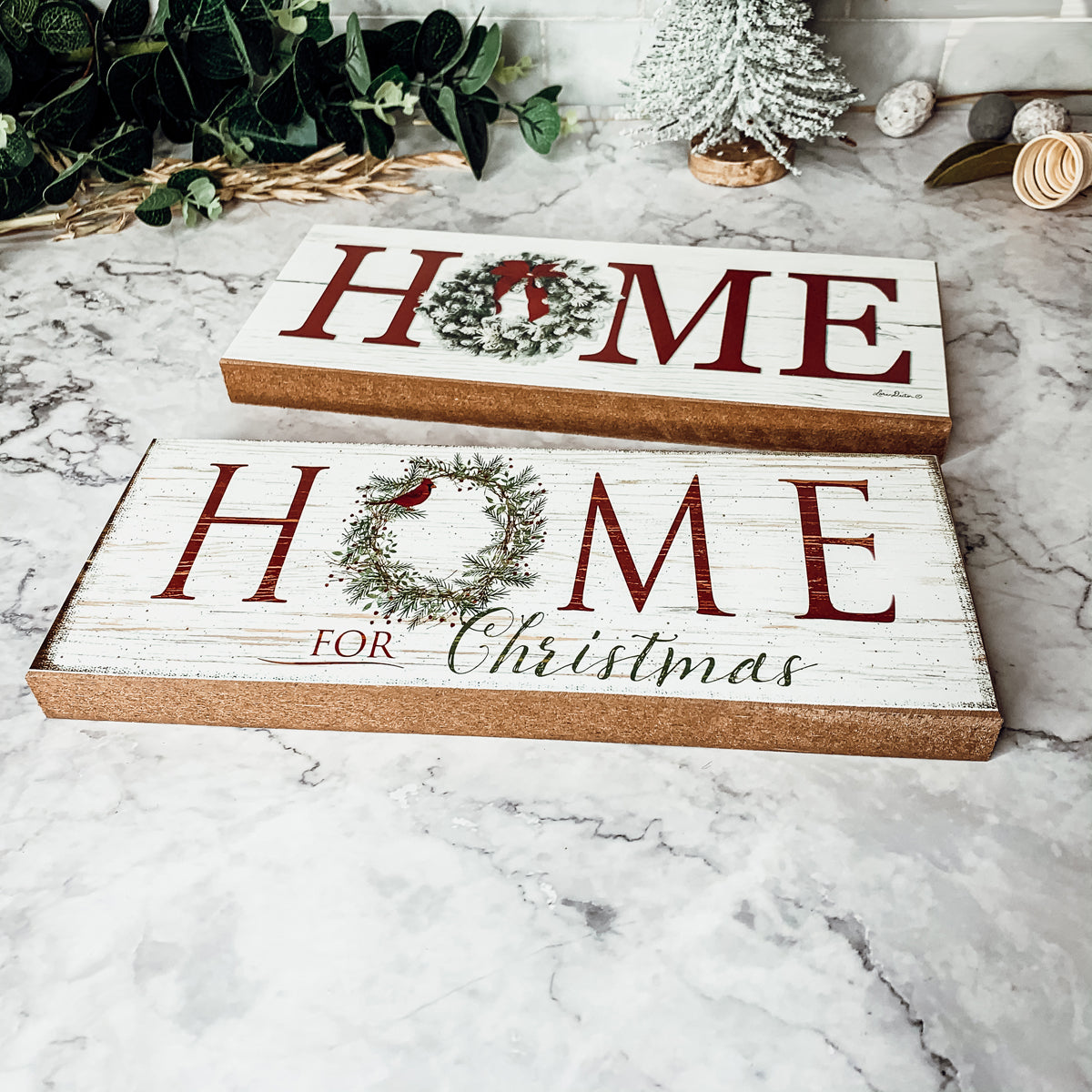 Home For Christmas Wooden Sign With Wreath Holiday Mantel Shelf Decor