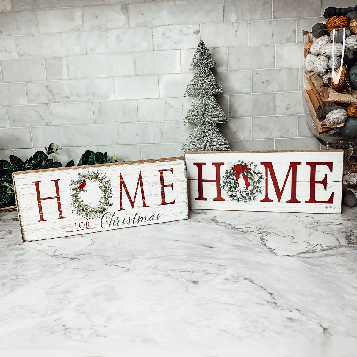 Home For Christmas Wooden Sign With Wreath Holiday Mantel Shelf Decor