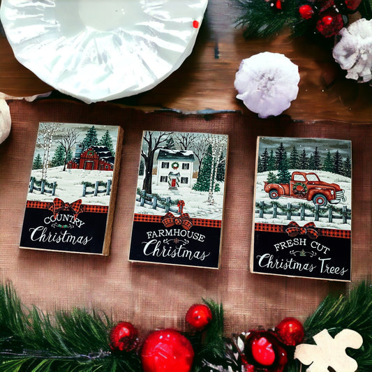 Vintage Christmas Blocks Set With Red Truck Snow Scene Buffalo Check Bow Farmhouse Holiday Decor