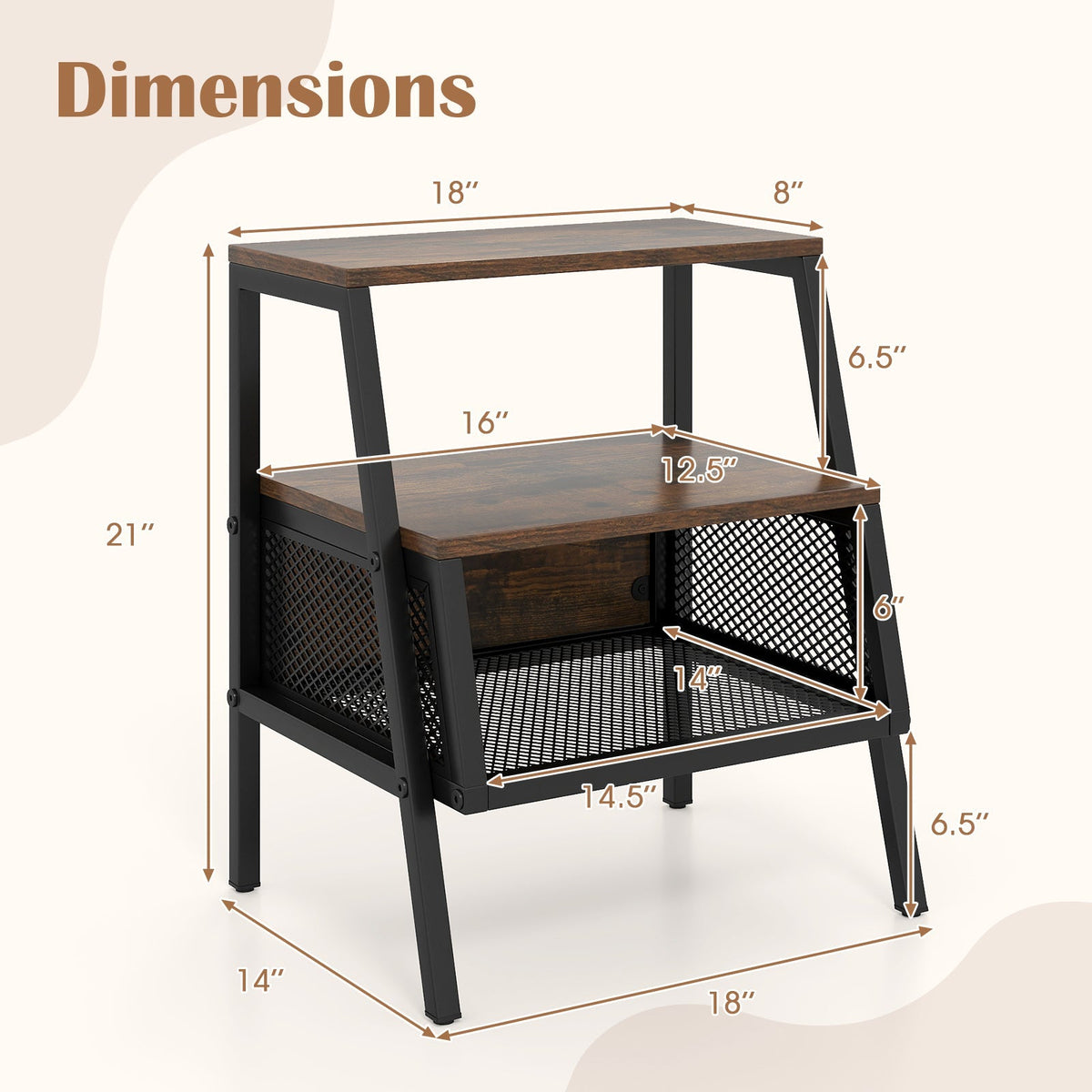 Industrial Nightstand 3-Tier End Table with 2 Open Shelves and Metal Mesh Compartment-Rustic Brown