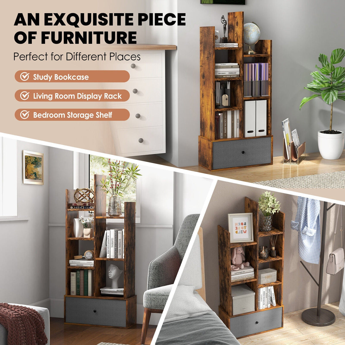7-Tier Open-Back Bookshelf with Drawer