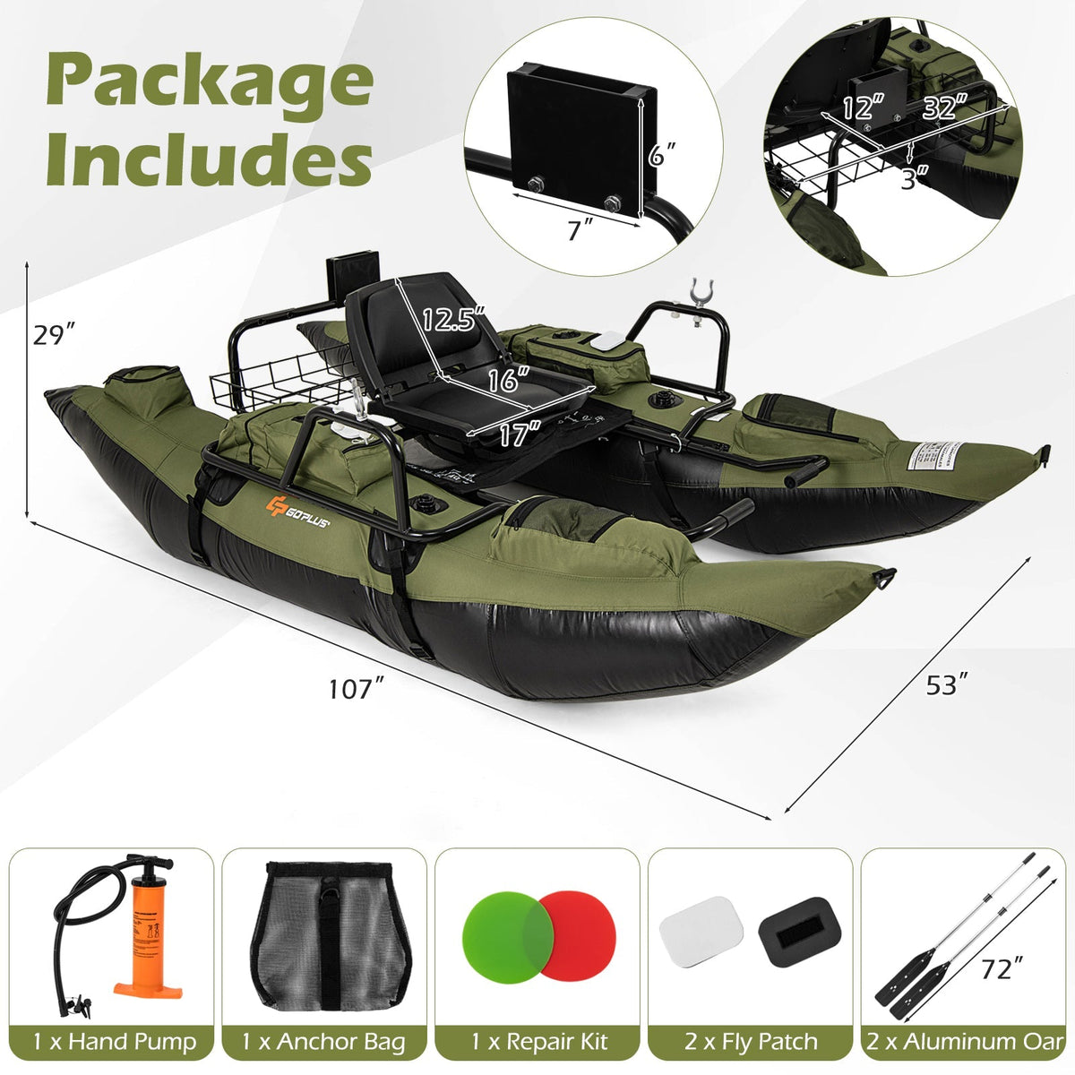 Inflatable Fishing Float Tube with Foldable Padded Seat and Adjustable Footrest-Green
