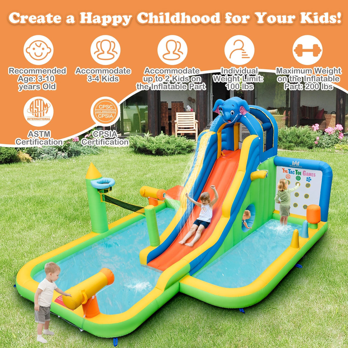 Tobogán Hinchable Gigante Parque Acuático 9 en 1 para Niños Diversión en el Jardín con Soplador de 735W