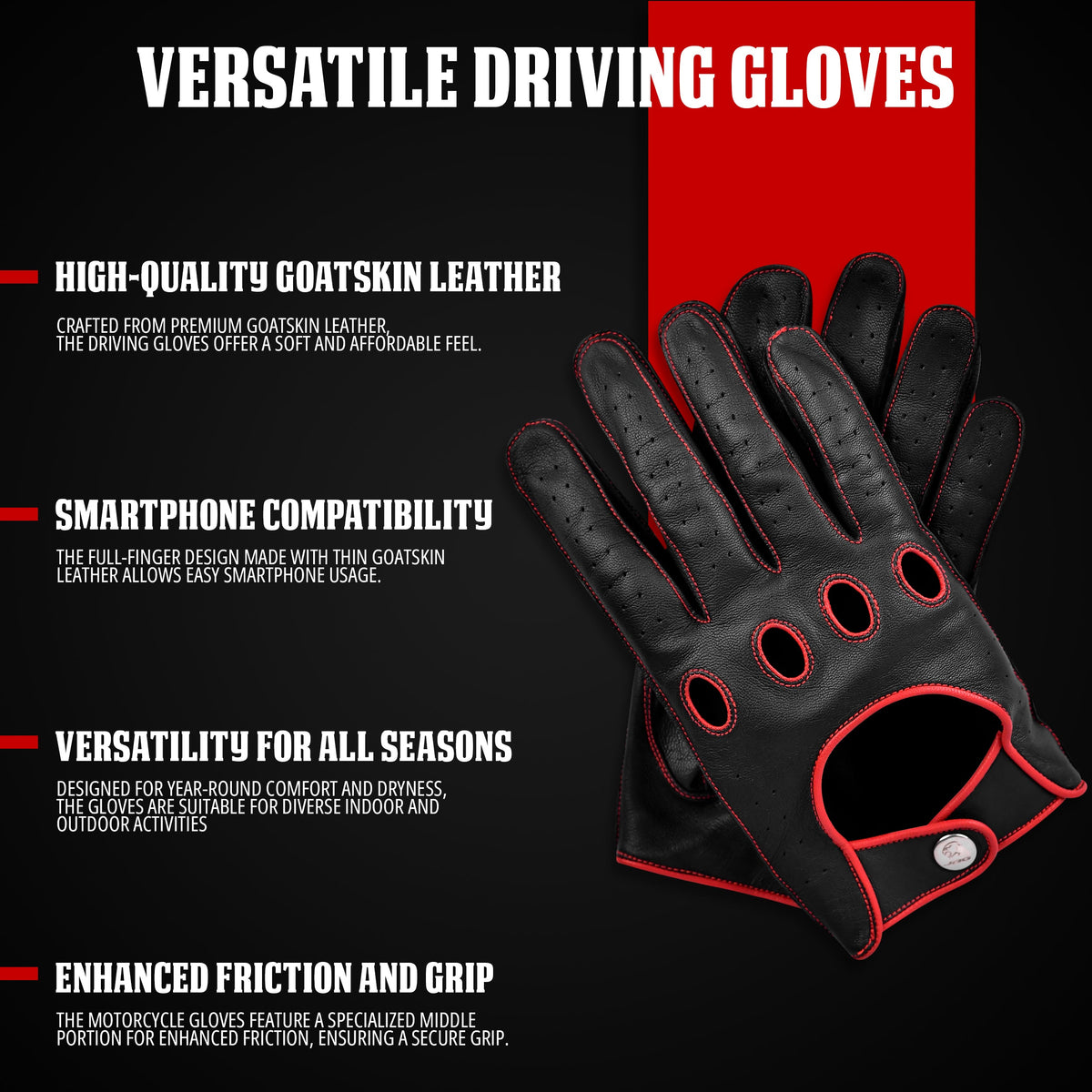 Leather Dark Knight Gloves - Full Finger Design (Red)
