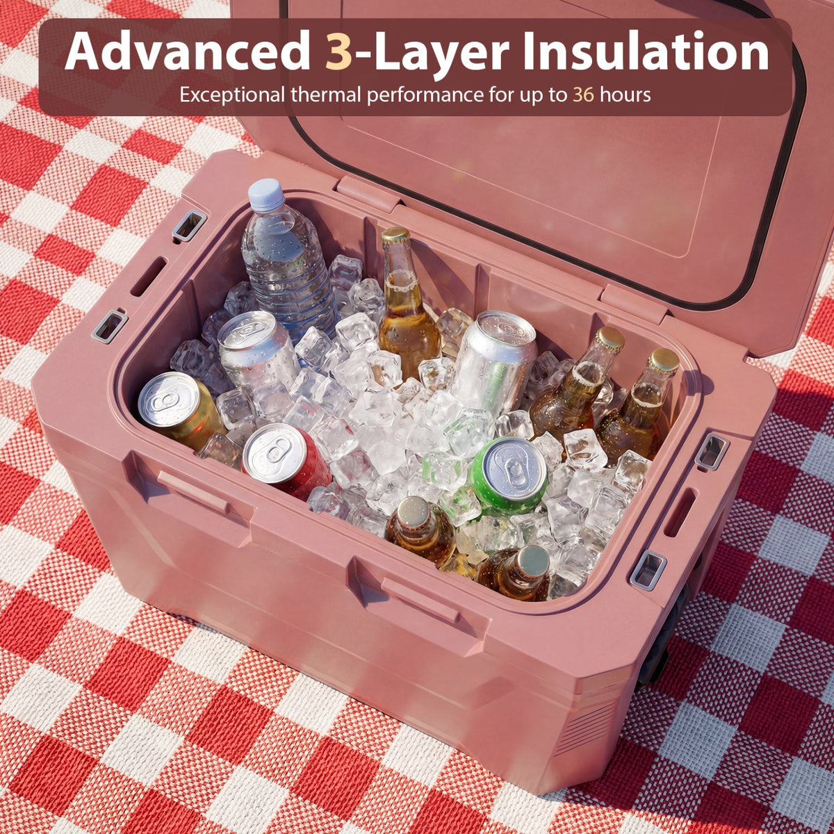 Insulated Portable Cooler Hard Shell Ice Chest with 2 Cup Holders Bottle Opener and Drain Plug