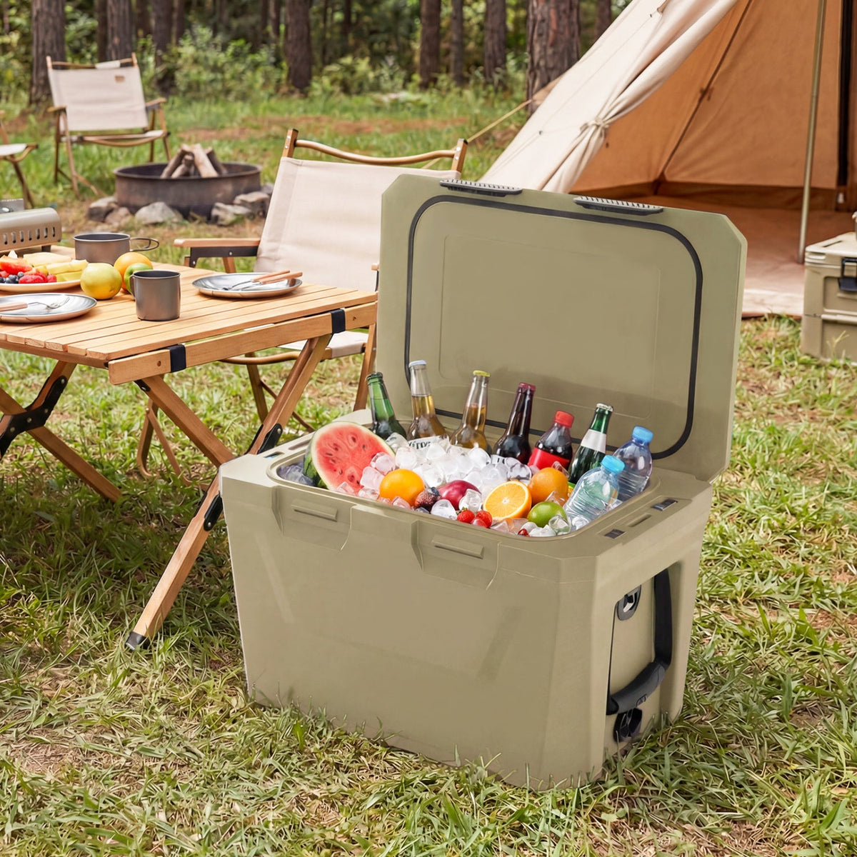 Insulated Portable Cooler Hard Shell Ice Chest with 2 Cup Holders Bottle Opener and Drain Plug