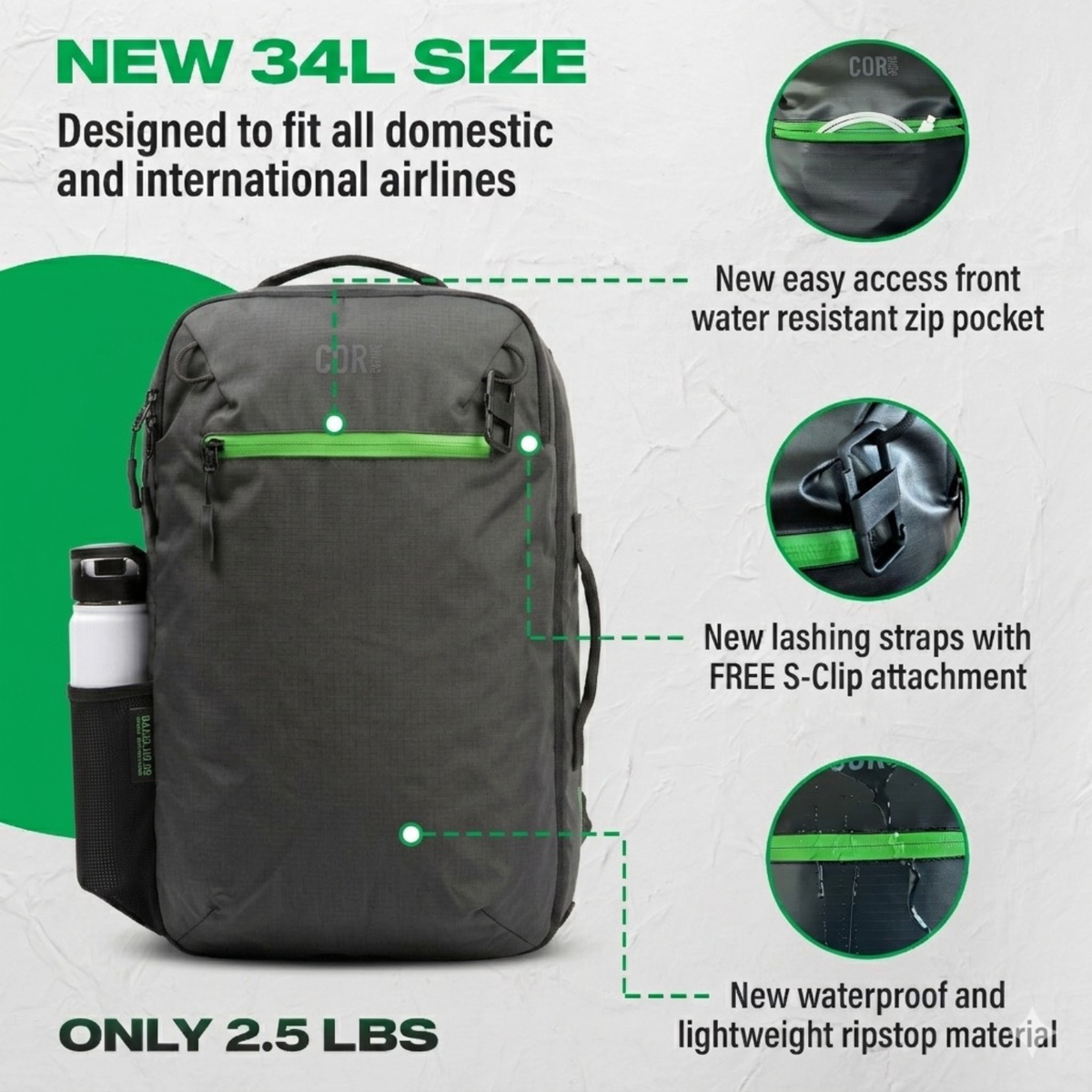 Mochila de viaje Island Hopper 2.0 – Nuevo negro mate | Ligera e impermeable de 28L y 34L