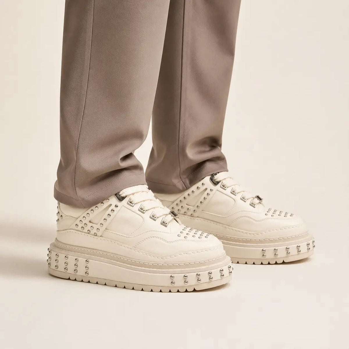 White Studded Cow Leather Sneakers