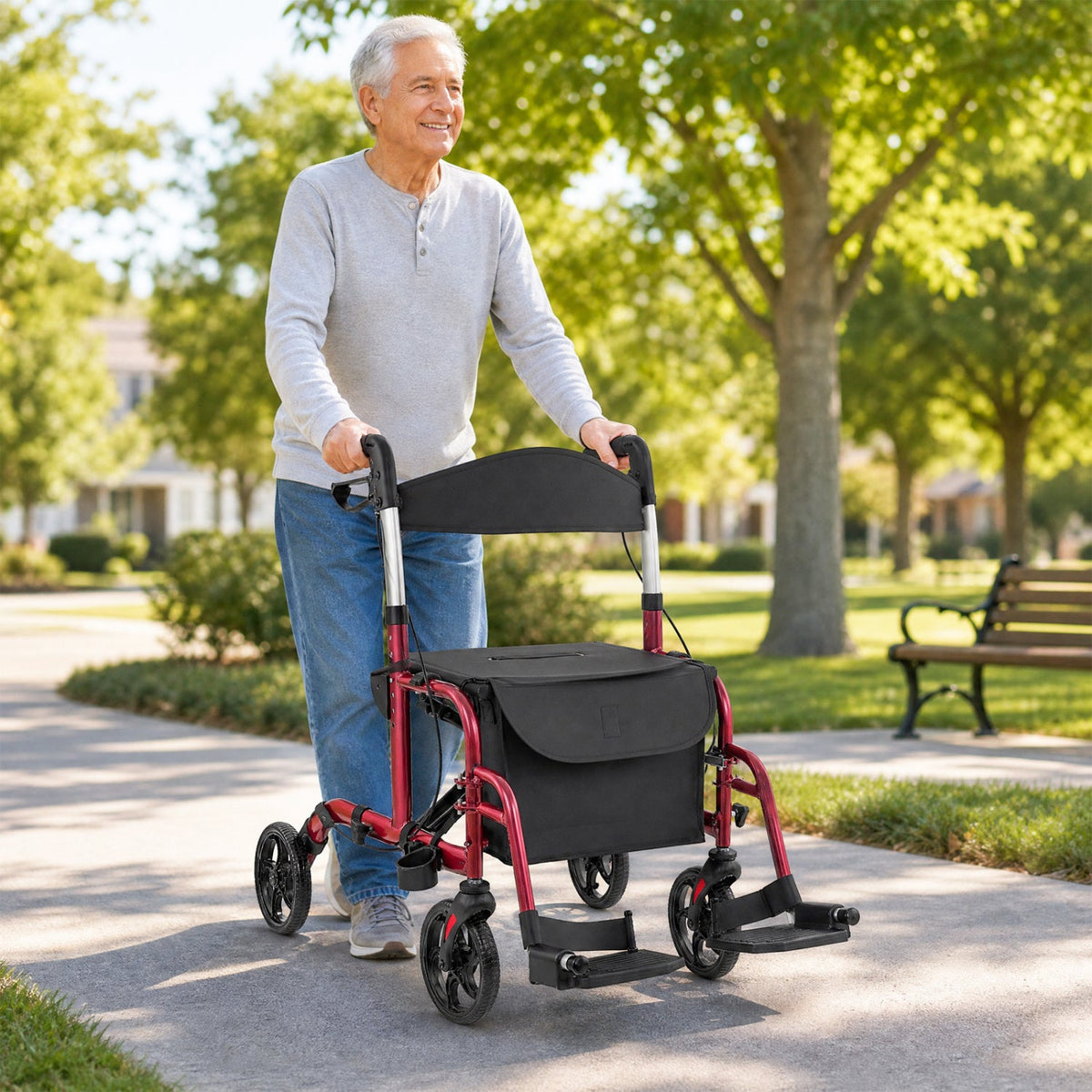 2-in-1 Adjustable Folding Handle Rollator Walker with Storage Space