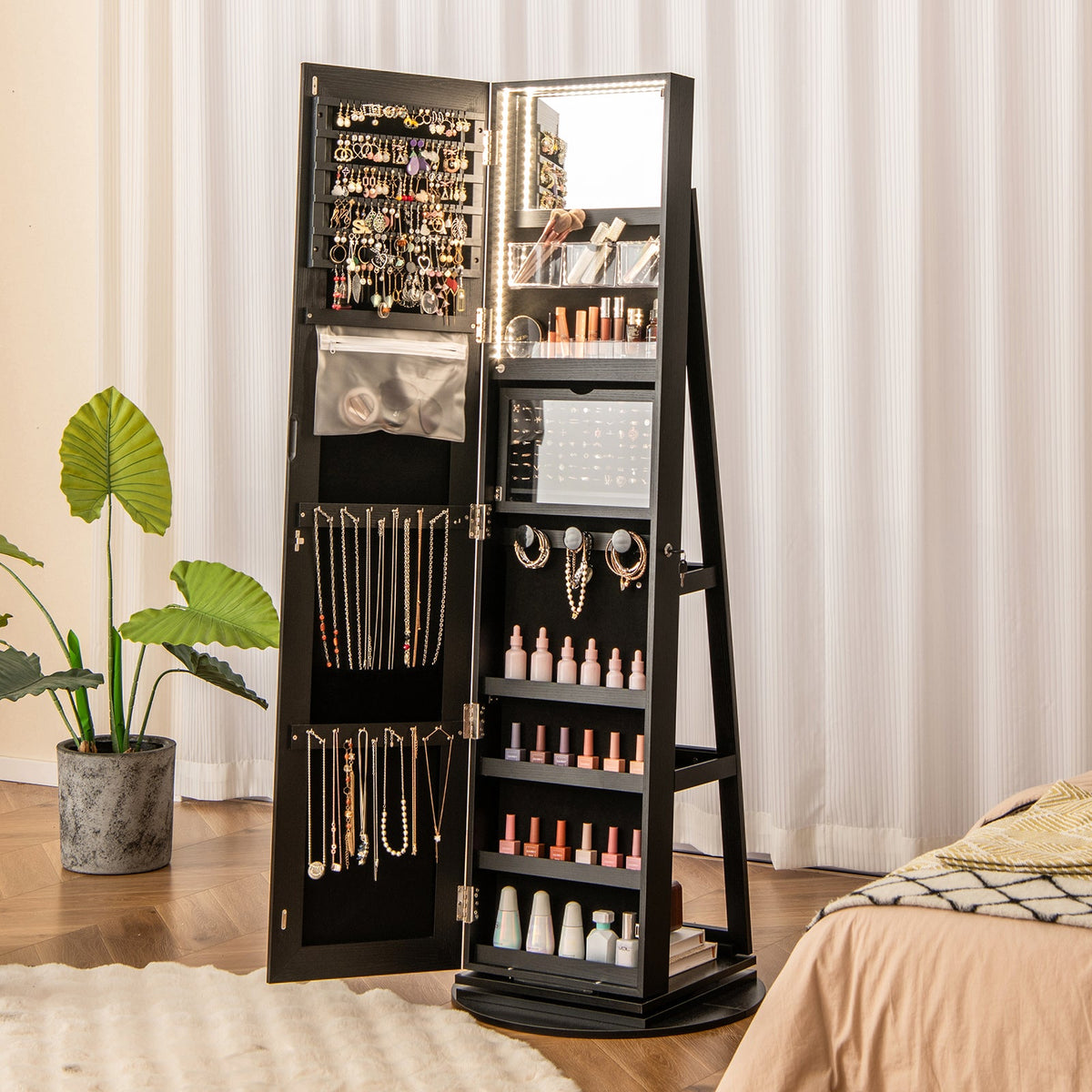 360° Rotating Mirrored Jewelry Cabinet Armoire 3 Color LED Modes Lockable