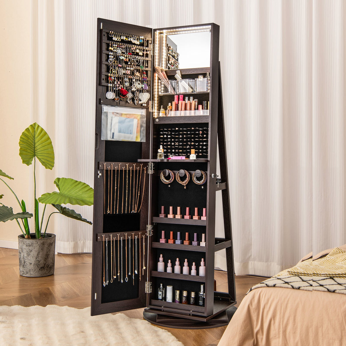 360° Rotating Mirrored Jewelry Cabinet Armoire 3 Color LED Modes Lockable
