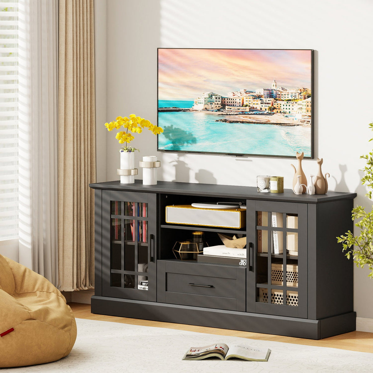 TV Stand for TVs up to 70 with Glass Doors Cubbies and Drawer