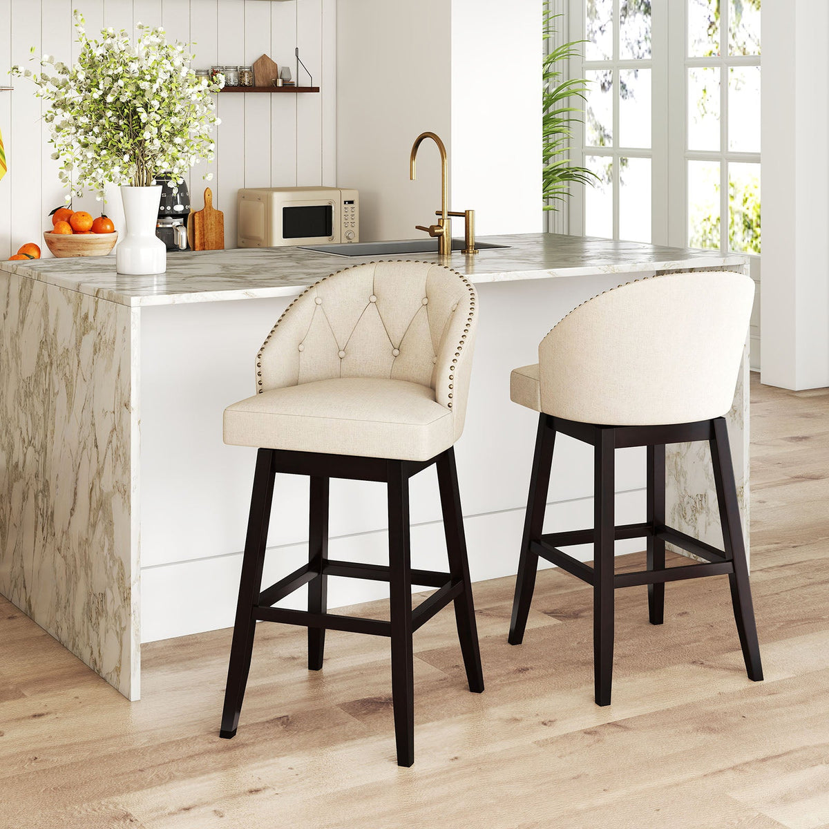 Set of 2 Swivel Bar Stools with Rubber Wood Legs and Padded Back