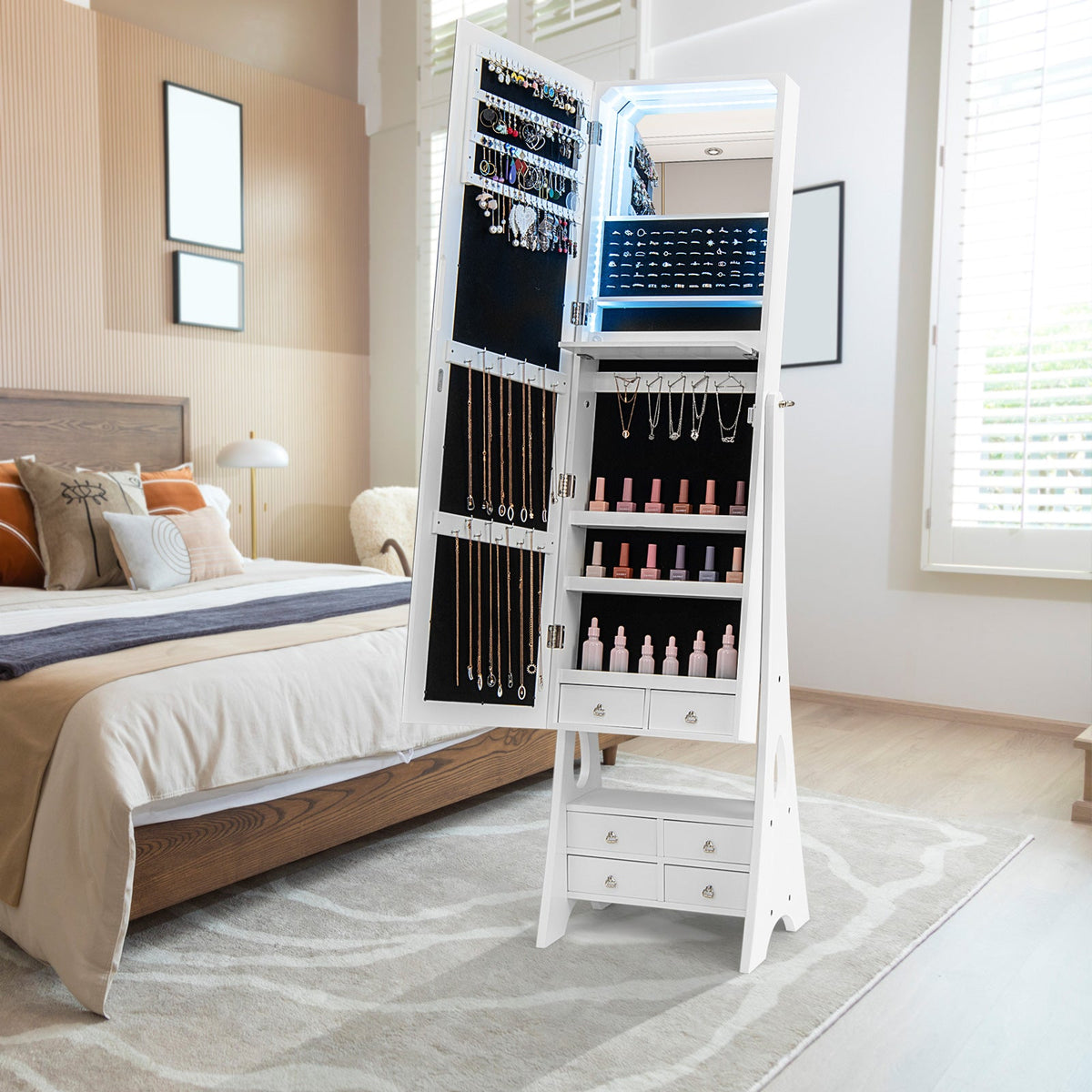 Freestanding Full Length LED Mirrored Jewelry Armoire with 6 Drawers